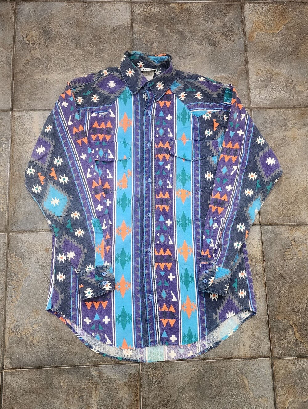 Vintage 90s Key Elements Men's Medium Aztec Geometric Western Button Up Shirt